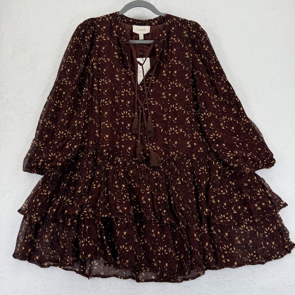 Cleobella Jaslynn Mini Dress XS Zadia Block Print Tiered Ruffle‎ Long Sleeve